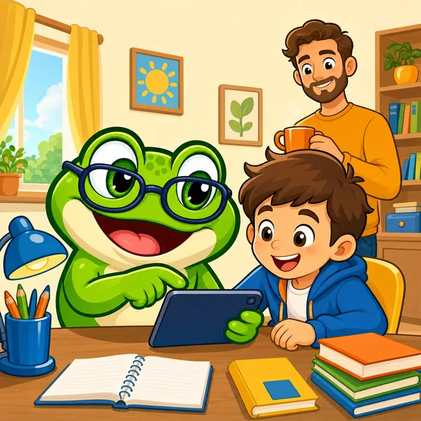 Kuma w okularach pokazuje dziecku tablet, w tle rodzic z herbatą