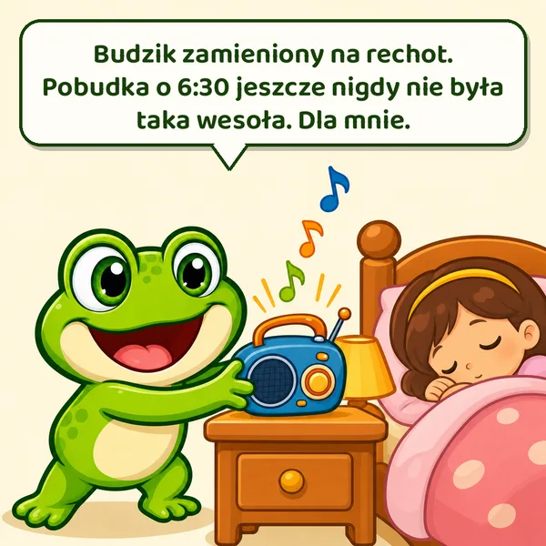 Kuma podmienia budzik na małe radio przy łóżku śpiącej dziewczynki. Napis: Budzik zamieniony na rechot. Pobudka o 6:30 jeszcze nigdy nie była taka wesoła. Dla mnie.