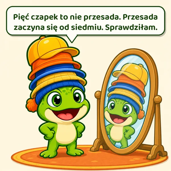 Kuma w pięciu czapkach naraz przegląda się w lustrze. Napis: Pięć czapek to nie przesada. Przesada zaczyna się od siedmiu. Sprawdziłam.