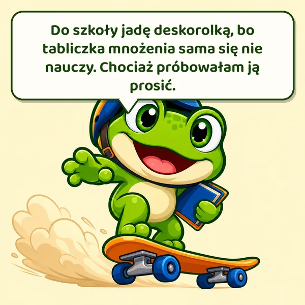 Kuma w kasku jedzie na deskorolce z książką pod pachą. Napis: Do szkoły jadę deskorolką, bo tabliczka mnożenia sama się nie nauczy. Chociaż próbowałam ją prosić.