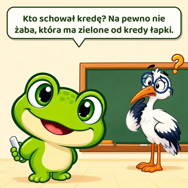 Kuma chowa za plecami kredę, obok zdezorientowany bocian w okularach przy pustej tablicy. Napis: Kto schował kredę? Na pewno nie żaba, która ma zielone od kredy łapki.