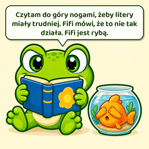 Kuma czyta książkę do góry nogami, rybka w słoiku zasłania oczy płetwą. Napis: Czytam do góry nogami, żeby litery miały trudniej. Fifi mówi, że to nie tak działa. Fifi jest rybą.
