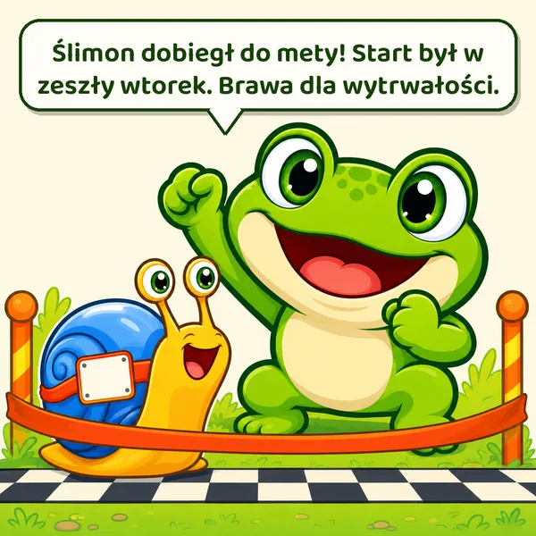 Kuma kibicuje ślimakowi na mecie wyścigu. Napis: Ślimon dobiegł do mety! Start był w zeszły wtorek. Brawa dla wytrwałości.